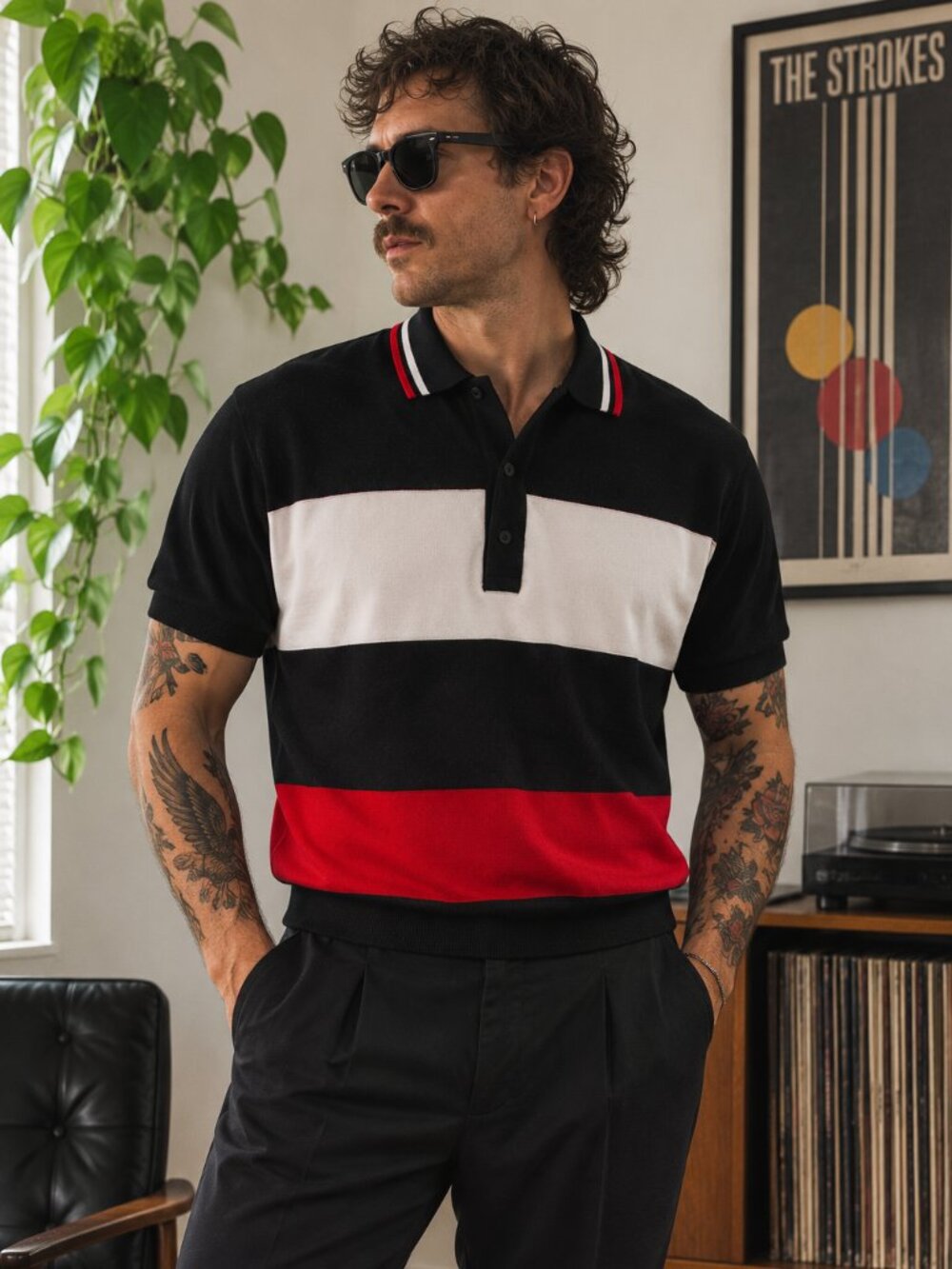 Vintage 80s Pacific Club Men's Color Block Knit Polo Shirt Black Red White Large